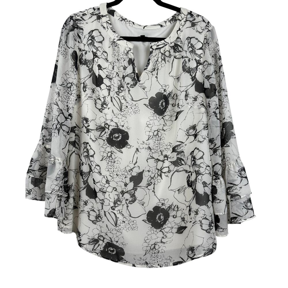 Talbots Black White Floral Blouse V Neck 3/4 Sleeve Women's Large
